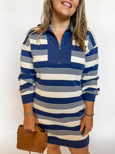 Striped Quarter Zip Dress- Navy-K. Ellis Boutique