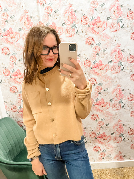 Ruffle Collar Cardigan- Tan-K. Ellis Boutique