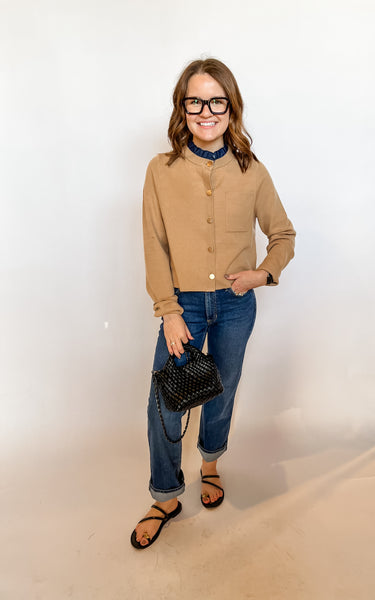 Ruffle Collar Cardigan- Tan-K. Ellis Boutique