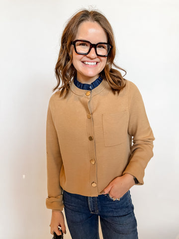 Ruffle Collar Cardigan- Tan-K. Ellis Boutique