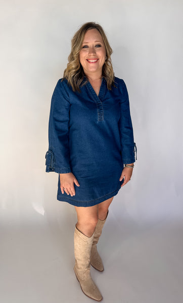 Long Sleeve Denim Dress with Bows- Dark Denim-K. Ellis Boutique