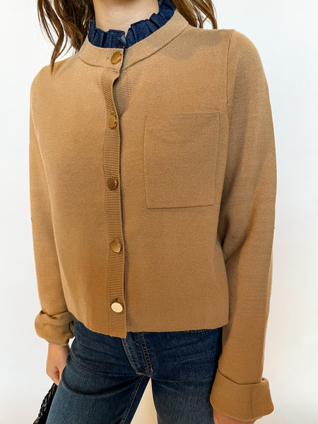 Ruffle Collar Cardigan- Tan-K. Ellis Boutique