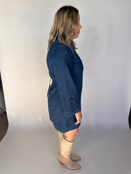 Long Sleeve Denim Dress with Bows- Dark Denim-K. Ellis Boutique