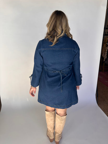 Long Sleeve Denim Dress with Bows- Dark Denim-K. Ellis Boutique