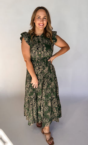 Printed Ruffle Sleeve Midi Dress- Green-K. Ellis Boutique