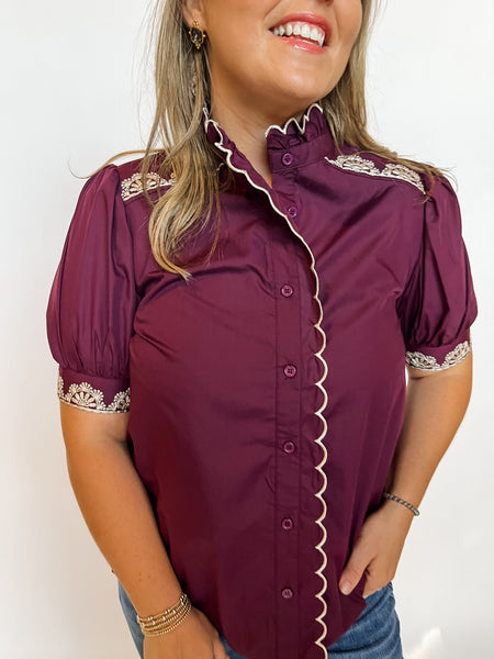 Embroidered Detail Puff Sleeve Top- Wine-K. Ellis Boutique
