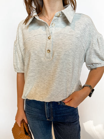 Knit Collared Cinched Hem Top- Grey-K. Ellis Boutique