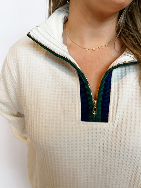 Waffle Knit Pullover with Contrast Trim- Ecru-K. Ellis Boutique