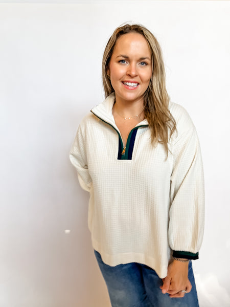 Waffle Knit Pullover with Contrast Trim- Ecru-K. Ellis Boutique