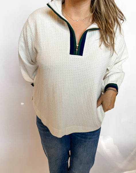 Waffle Knit Pullover with Contrast Trim- Ecru-K. Ellis Boutique