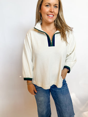 Waffle Knit Pullover with Contrast Trim- Ecru-K. Ellis Boutique