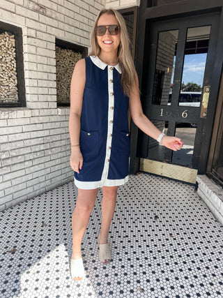 Jenny Button Front Mini Dress- Navy-Mini Dress-K. Ellis Boutique