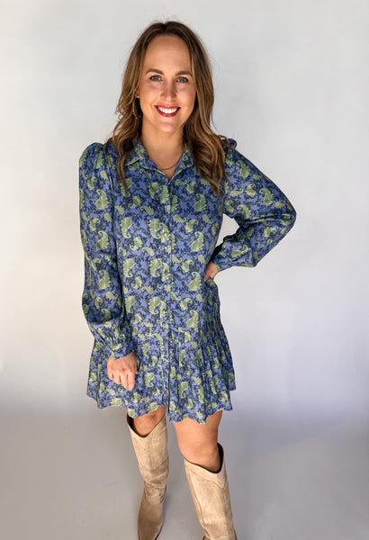 Abstract Print Dropped Waist Shirt Dress- Blue-K. Ellis Boutique