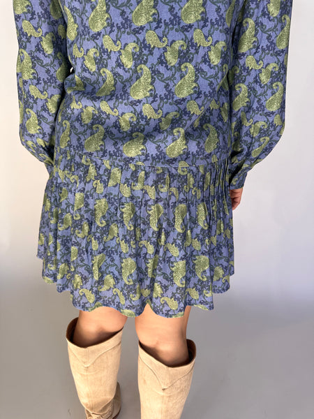 Abstract Print Dropped Waist Shirt Dress- Blue-K. Ellis Boutique