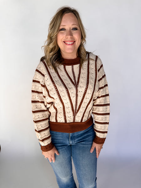 V- Striped Pointelle Light Weight Knit Sweater- Maple-K. Ellis Boutique