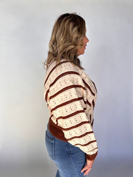 V- Striped Pointelle Light Weight Knit Sweater- Maple-K. Ellis Boutique