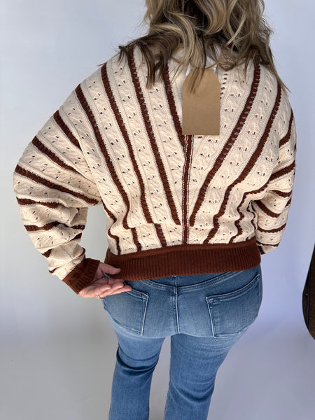 V- Striped Pointelle Light Weight Knit Sweater- Maple-K. Ellis Boutique