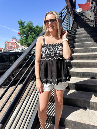 The Sara Embroidered Tank Top- Black-Sleeveless Top-K. Ellis Boutique
