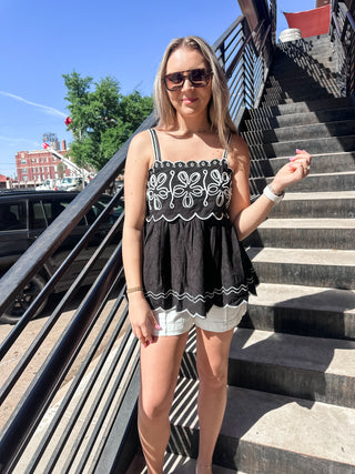 The Sara Embroidered Tank Top- Black-Sleeveless Top-K. Ellis Boutique