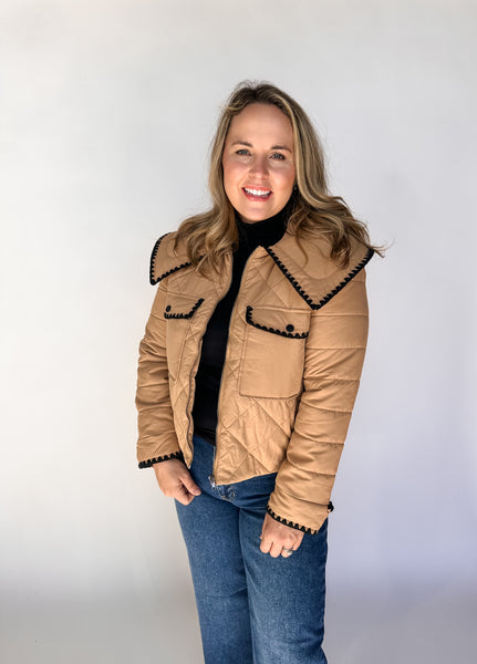 Front Zipper Quilted Puffer Jacket- Beige-K. Ellis Boutique