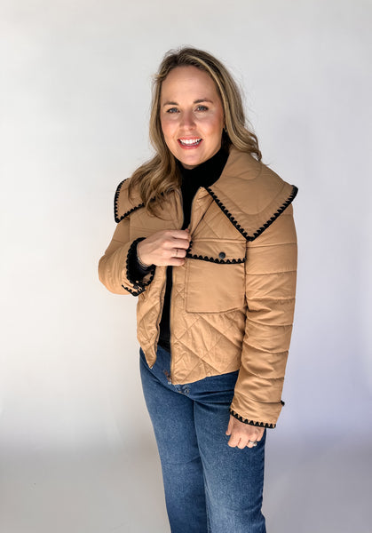 Front Zipper Quilted Puffer Jacket- Beige-K. Ellis Boutique