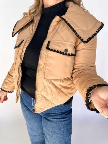 Front Zipper Quilted Puffer Jacket- Beige-K. Ellis Boutique