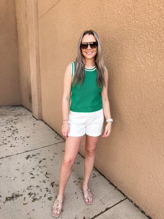 Striped Crochet Trim Sweater Vest- Green & White-Sleeveless Top-K. Ellis Boutique