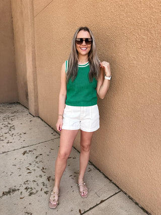 Striped Crochet Trim Sweater Vest- Green & White-Sleeveless Top-K. Ellis Boutique