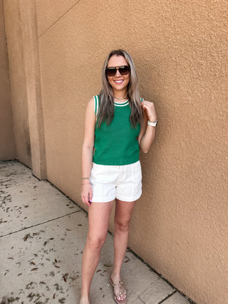 Striped Crochet Trim Sweater Vest- Green & White-Sleeveless Top-K. Ellis Boutique