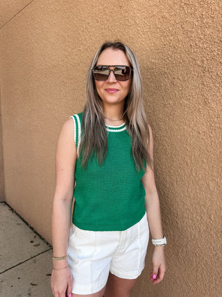 Striped Crochet Trim Sweater Vest- Green & White-Sleeveless Top-K. Ellis Boutique