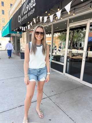 Striped Crochet Trim Sweater Vest- Navy & White-Sleeveless Top-K. Ellis Boutique