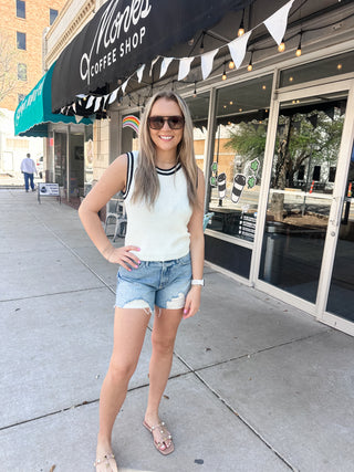Striped Crochet Trim Sweater Vest- Navy & White-Sleeveless Top-K. Ellis Boutique