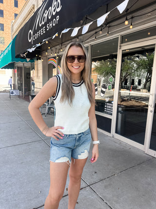 Striped Crochet Trim Sweater Vest- Navy & White-Sleeveless Top-K. Ellis Boutique