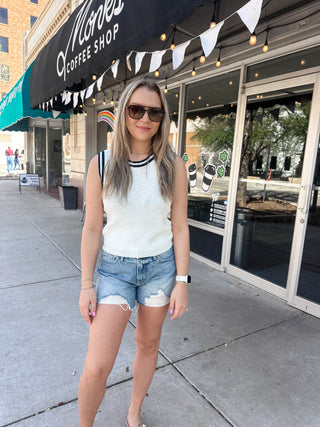 Striped Crochet Trim Sweater Vest- Navy & White-Sleeveless Top-K. Ellis Boutique