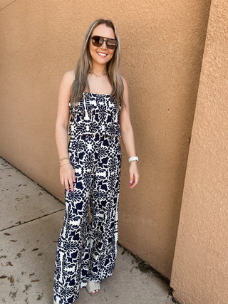 Printed Wide Leg Strapless Jumpsuit- Navy-jumpsuits/rompers-K. Ellis Boutique