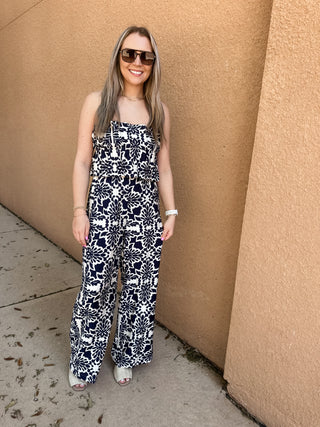 Printed Wide Leg Strapless Jumpsuit- Navy-jumpsuits/rompers-K. Ellis Boutique