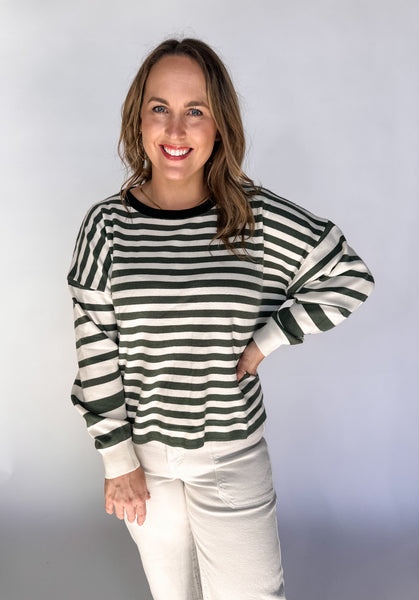 Contrast Striped Sweater Top - Olive-K. Ellis Boutique