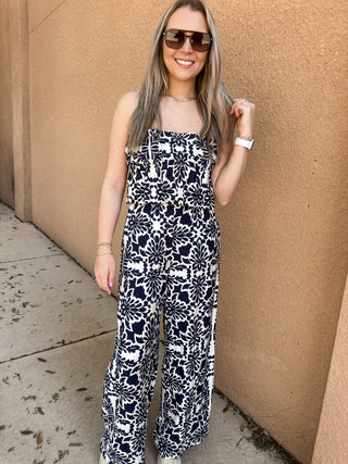Printed Wide Leg Strapless Jumpsuit- Navy-jumpsuits/rompers-K. Ellis Boutique