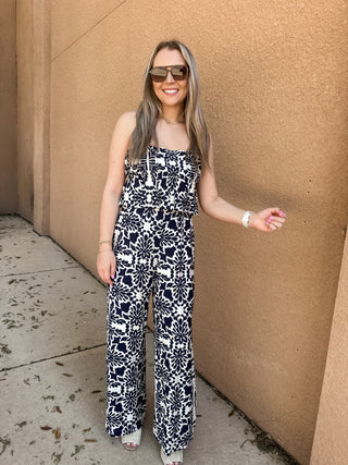 Printed Wide Leg Strapless Jumpsuit- Navy-jumpsuits/rompers-K. Ellis Boutique