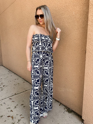 Printed Wide Leg Strapless Jumpsuit- Navy-jumpsuits/rompers-K. Ellis Boutique