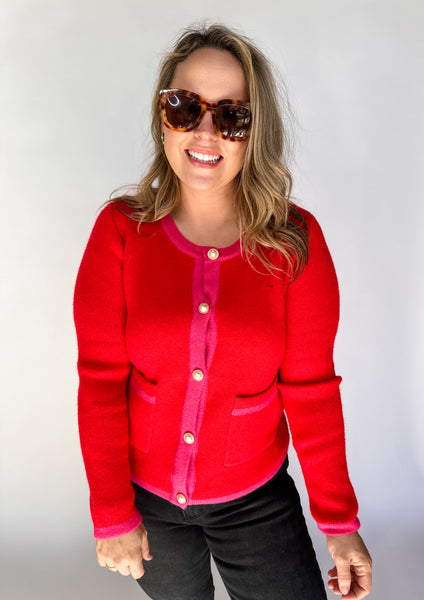 Colorblock Sweater Cardigan- Red/Hot Pink-K. Ellis Boutique