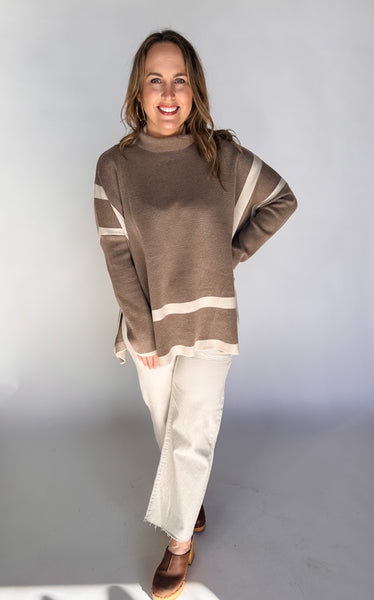 Two Tone Mock Neck Top - Mocha-K. Ellis Boutique