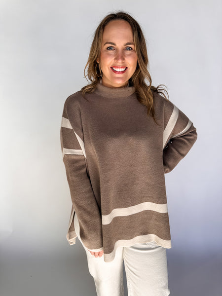 Two Tone Mock Neck Top - Mocha-K. Ellis Boutique