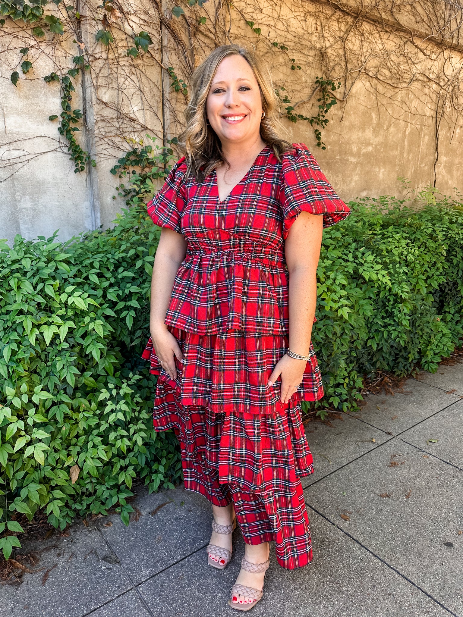 Plaid Print Bubble Sleeve Tiered Midi Dress- Red-K. Ellis Boutique