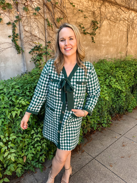 Tweed Button Up Mini Dress- Hunter Green-K. Ellis Boutique