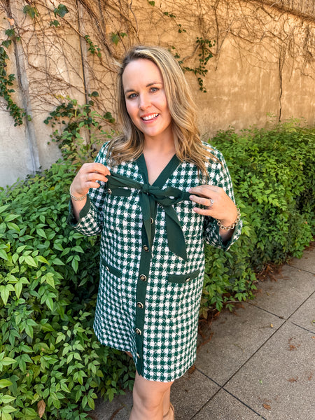 Tweed Button Up Mini Dress- Hunter Green-K. Ellis Boutique