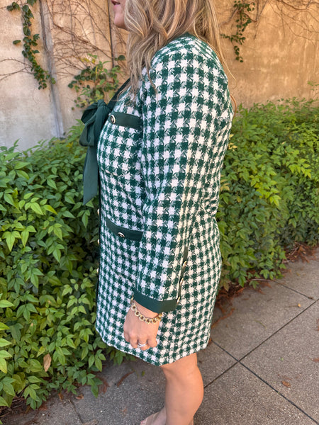 Tweed Button Up Mini Dress- Hunter Green-K. Ellis Boutique