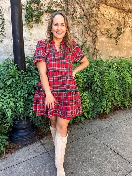 Plaid Print V-Neck Mini Dress- Red-K. Ellis Boutique