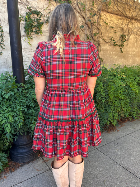 Plaid Print V-Neck Mini Dress- Red-K. Ellis Boutique