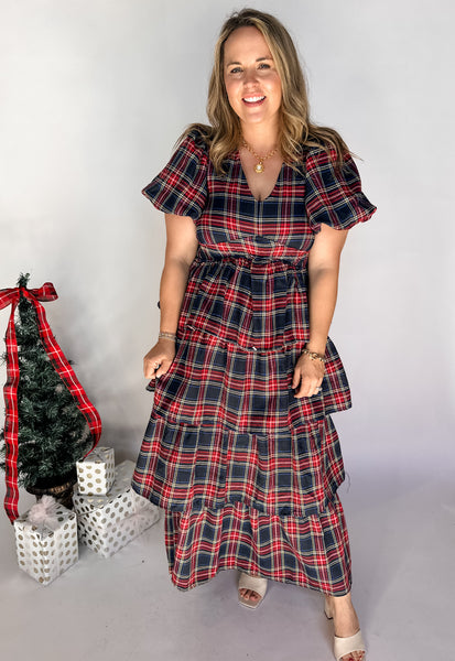 Plaid Print V-Neck Bubble Sleeve Midi Dress - Navy-K. Ellis Boutique